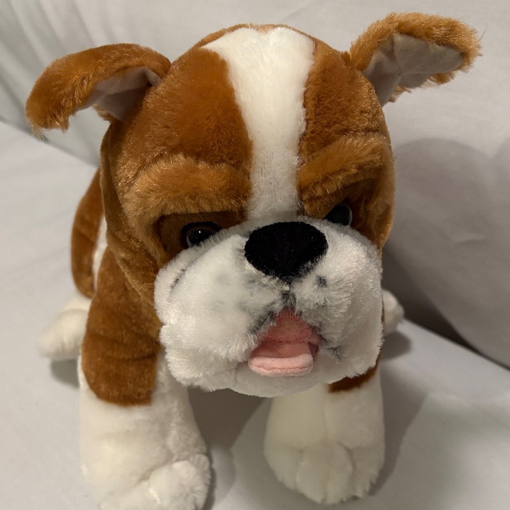 BAB Dog Plush. Brown and White Plush. H approx. 10 1/2” . L approx. 15”